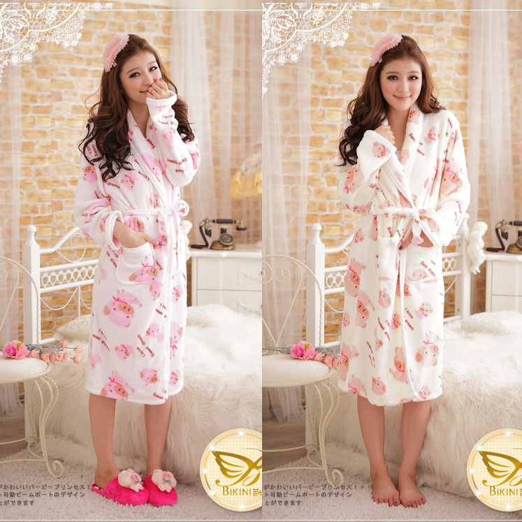 Free Shipping Winter women's coral fleece robe shote laciness coral fleece bathrobe