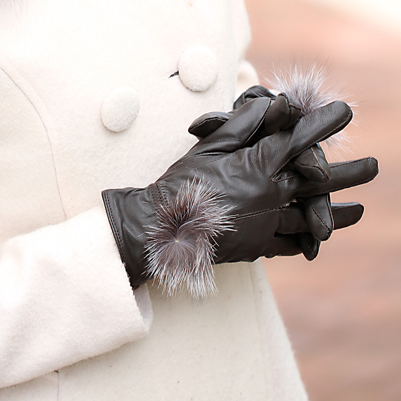 Free shipping Winter women's fox fur ball genuine leather gloves winter fashion thermal leather gloves sheepskin gloves,20pcs