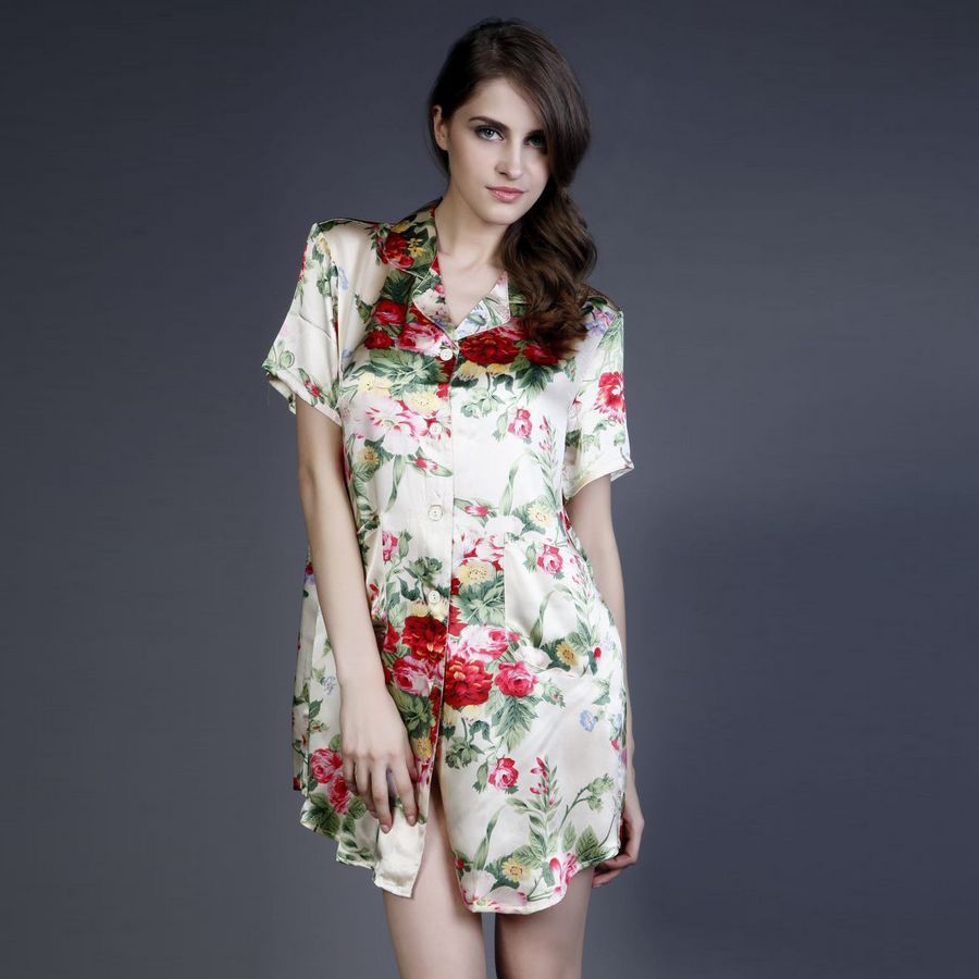 free shipping Wire mulberry silk women's print shirt collar short-sleeve nightgown 7087