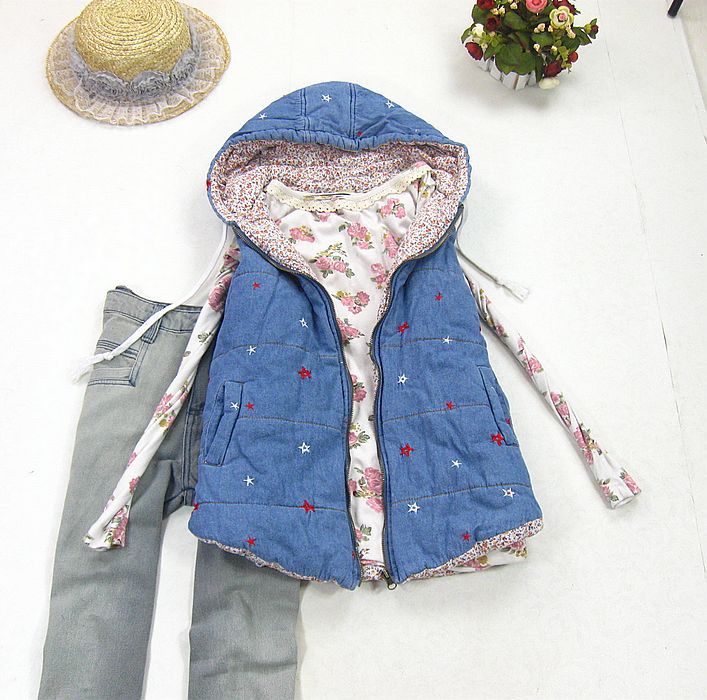 free shipping With a hood classic embroidery thickening cotton-padded casual vest