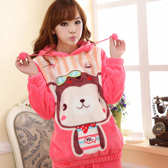 free shipping With a hood coral fleece sleepwear female autumn and winter thickening set cartoon long-sleeve lounge Pajama Sets