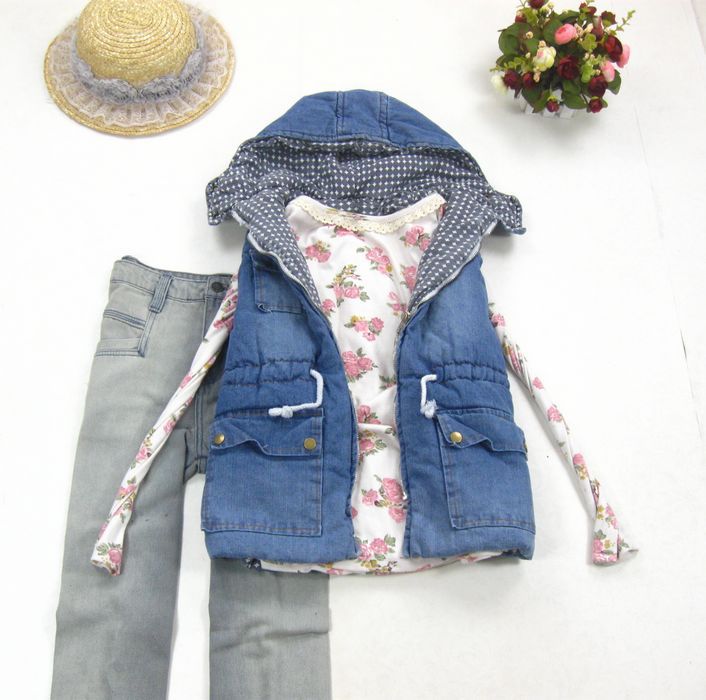 free shipping With a hood drawstring waist slim british style denim cotton cloth thickening cotton vest