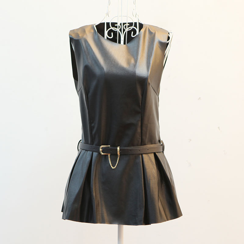 Free shipping - With belt slim waist leather clothing sleeveless vest ultra-short one-piece dress c33