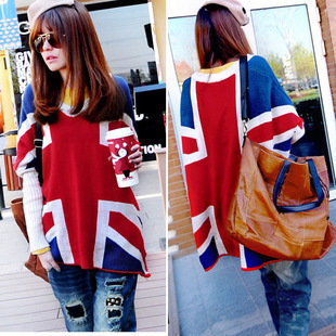 Free shipping Woman fashion British flag jumper.casual staried sweater uk red Batwing-sleeve V-neck Pullovers Knitted Sweaters