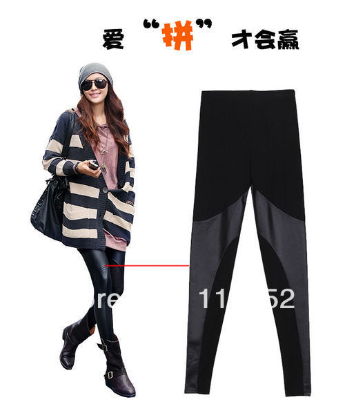 free shipping woman Female 2013spring slim cotton faux leather patchwork two-color legging elatic sexy skinny pants wholesale