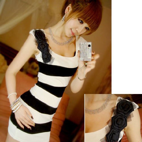 Free Shipping WOME'S PATCHWORK U-NECK STRIPED BODYCON MINI DRESS WITH FLOWER DECORATION -drop shipping