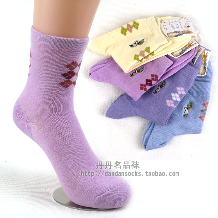 Free shipping, Women 100% cotton socks rectangular embroidery 100% cotton socks dimond plaid