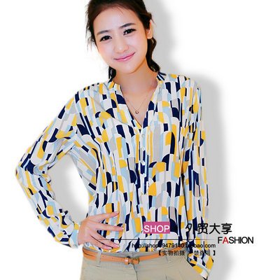 Free shipping Women 2012 fashion color blocking blouse, long sleeve silk shirt lady blouse women's OL Collar shirts