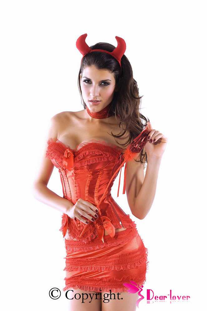 Free shipping Women 4Pcs Sexy Elegant 4 PC Burlesque Devil Corset+Skirt+Horn+Fork Costume Sexy Bustier S M L XL XXL1066033083