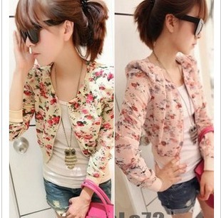 Free Shipping Women aesthetic painting flowers cherry shrug shoulder pads short chiffon translucent little jacket