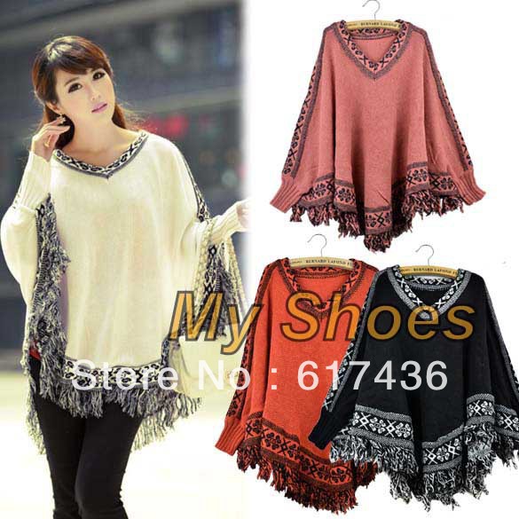 free shipping Women Batwing Sleeve Tassels Hem Style Cloak Cape Tops Knitting Poncho Sweater Coat Shawl 4 Colors 8132