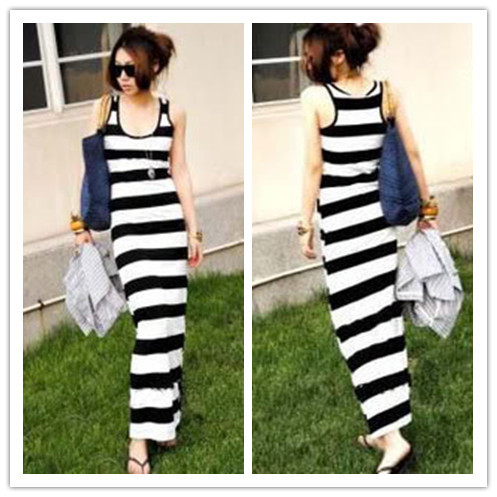 Free Shipping Women Black & White Stripe Sleeveless Mid-Calf Maxi Boho Dress,Ladies Brief O-Neck Natural Waist Cotton Long Dress