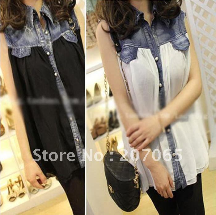 Free shipping Women blouses, cowboy collar stitching a chiffon skirt  shirt, 2colour