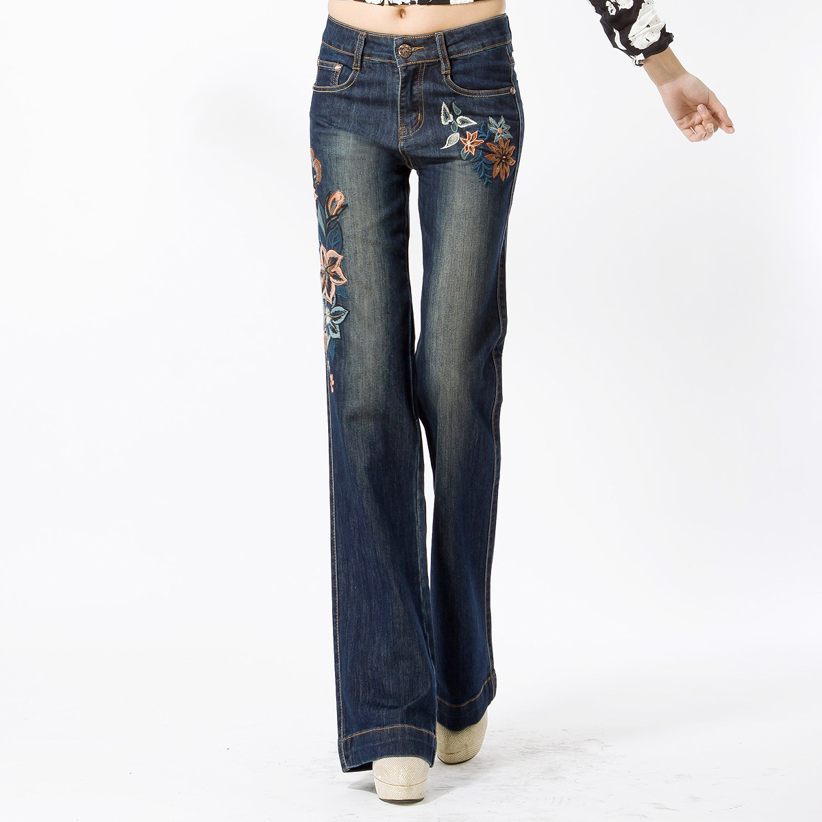 Free shipping women clothing 2013 new arrival spring embroidered jeans mid waist jeans wide leg jeans denim pants female