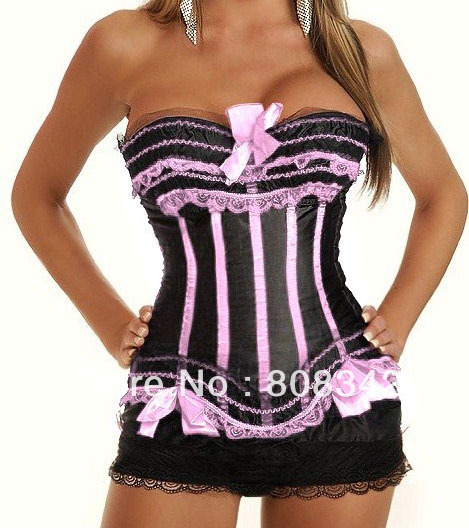 Free Shipping Women Corset Sexy Lingerie with G-string Striped Bustier Sexy Underwear Slimming Shaper Black MOQ 1Piece 0680