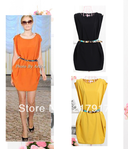 FREE SHIPPING women crew neck sleeveless dress button shoulder dress tunic dress with belt free size orange/yellow/black