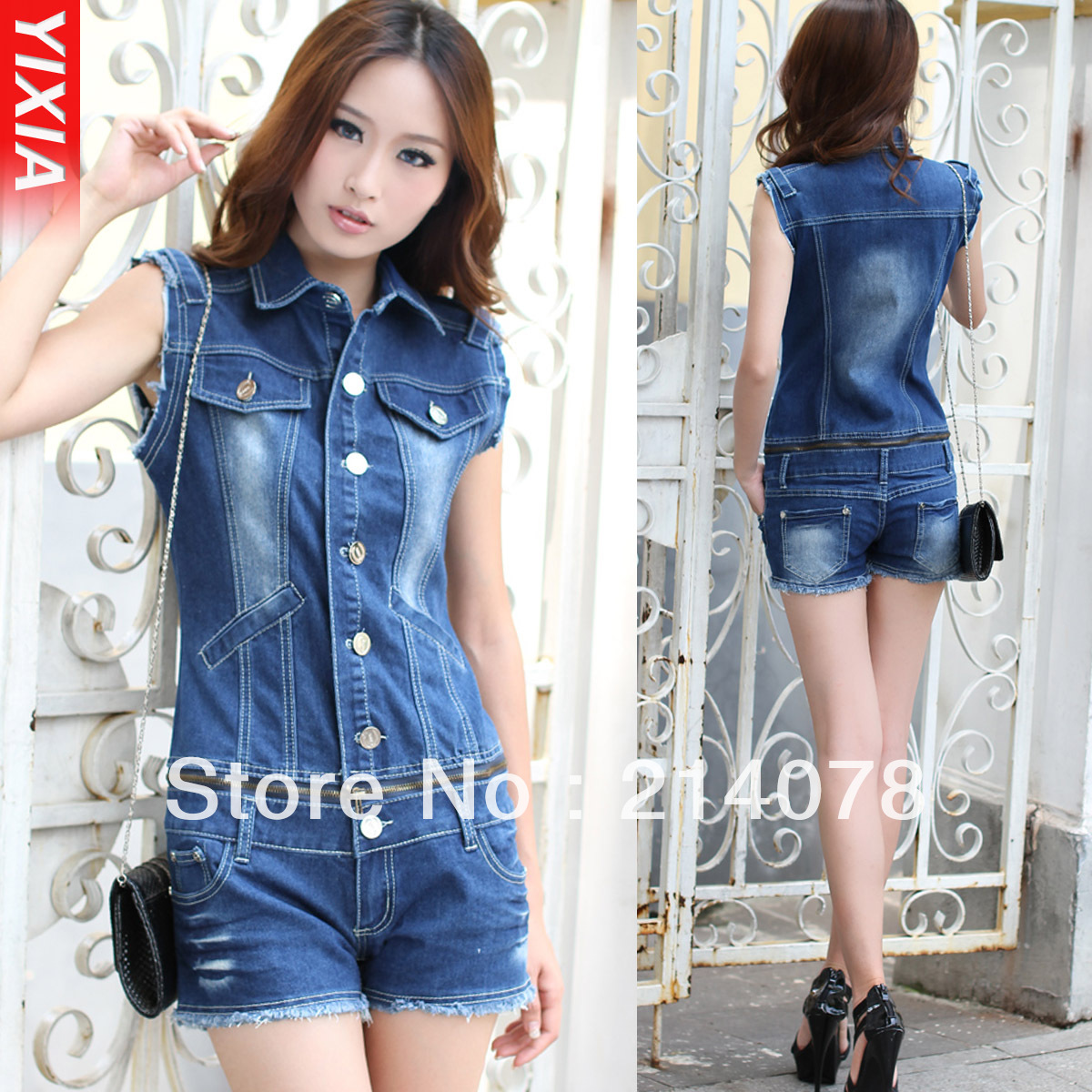 Free shipping women denim jumpsuit split two ways set vest + short