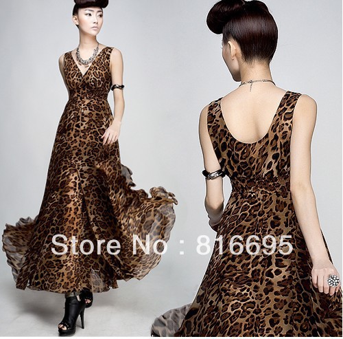 Free shipping women'dress put on a large chiffon v-neck vest leopard dress wrapped chest skirt flounced skirt