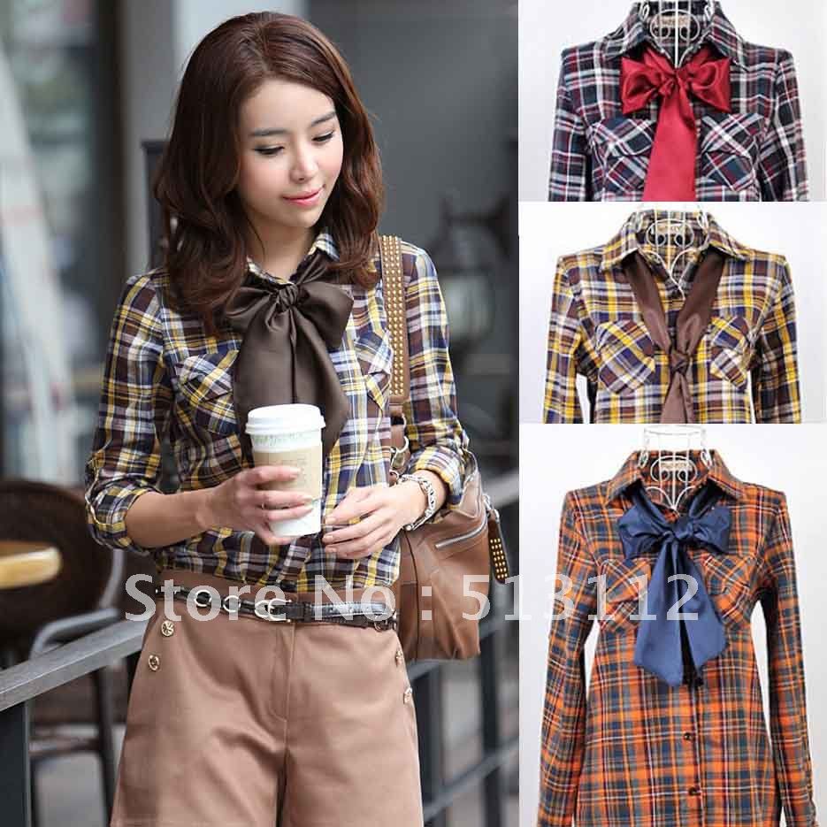 Free Shipping Women Elegant Shirts classical plaid scarf shirt grid OL shirt long sleeve blouse S2456 Red, Orange, Yellow