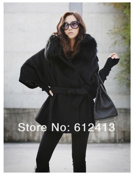 Free shipping Women fall and winter clothes the new woolen black jacket imitation fox fur collar coats