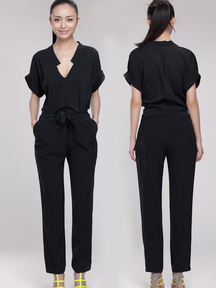 Free shipping! Women fashion black new style  jumpsuit V neck