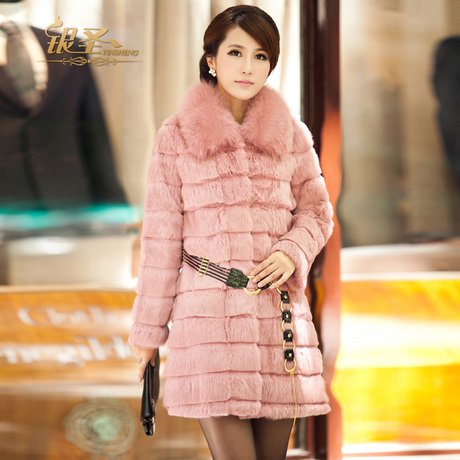 Free Shipping Women Fashion Real Rabbit Fur Coat with Fox Collar Outwear Lady Garment