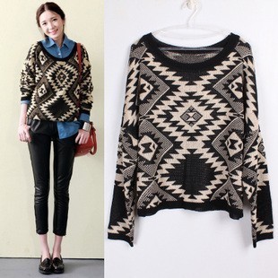 Free shipping women Fashion vintage national trend geometric figure crochet loose sweater female short design sweater