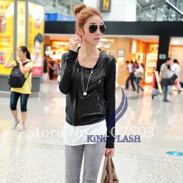 free shipping women faux leather Blazer Thin Soft Jacket cropped PU leather jacket 5902