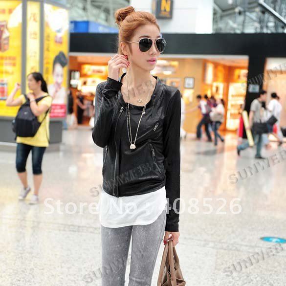 free shipping women faux leather Blazer Thin Soft Jacket cropped PU leather jacket (Drop Shipping Support!) Black 5902