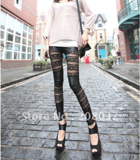 Free shipping Women Faux Leather Lace Mesh Inset Stripes Ankle Length Footless Legging Tregging Tight S M L