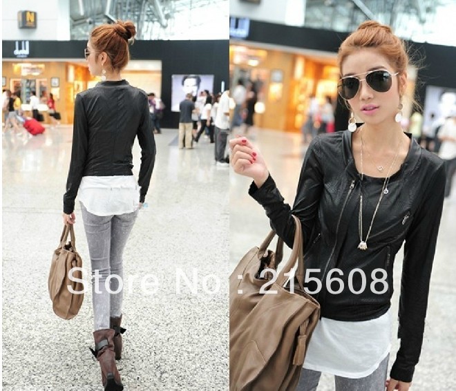 Free shipping women faux leather short jacket fashion streetwear casual coat good quality CA024