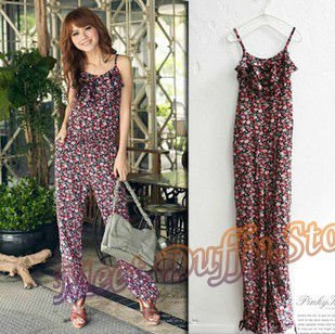 Free shipping Women Floral Jumpsuit  Women Summer Overalls Lady Loose Trousers lady suspender pant beach clothes