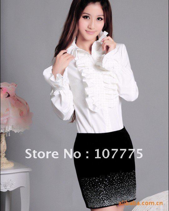 free shipping women frilled high collar trumpet sleeve white black blouse shirt tops E55179