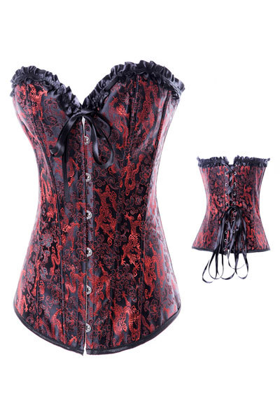 Free Shipping! Women Graceful bustiers Red Classic Dragon Mascot Corset With Trimmed Ruffles LB4362