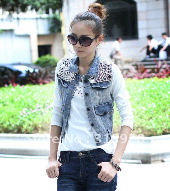 Free Shipping Women hole fashion casual Retro beaded sequined denim vest 811 denim jacket coat vest women