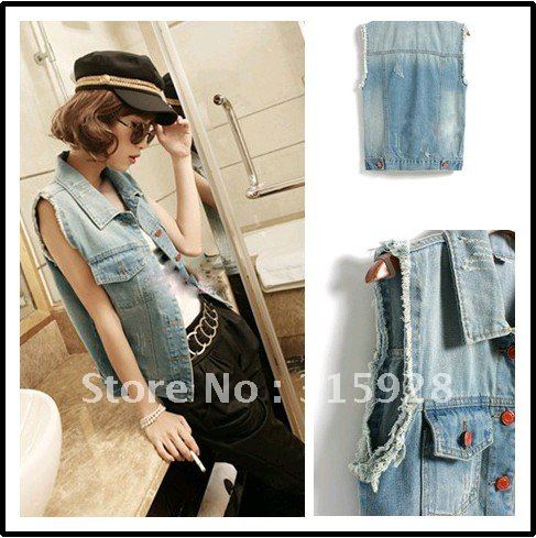 Free Shipping Women hole fashion casual Retro denim vest 811 denim jacket coat vest women