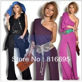 Free shipping   women'jumpsuit The new The shoulder strapless oblique wide leg jumpsuit straight jumpsuit