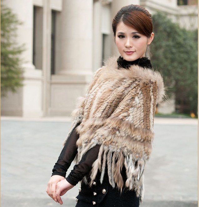 Free Shipping Women knitted rabbit fur cape with tassel/ rabbit fur shawl pullover thermal