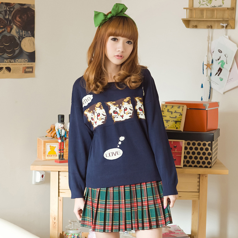 Free shipping women knitted sweater with animals for winter Black/Red/darkblue quality promised