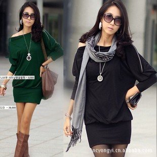 FREE SHIPPING women ladies' Autumn long sleeve Elegant sexy zipper shoulder collar casual dress, black and green color