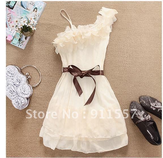 Free Shipping Women One Shoulder Sweet Pleated Party Chiffon Dress  #C0002