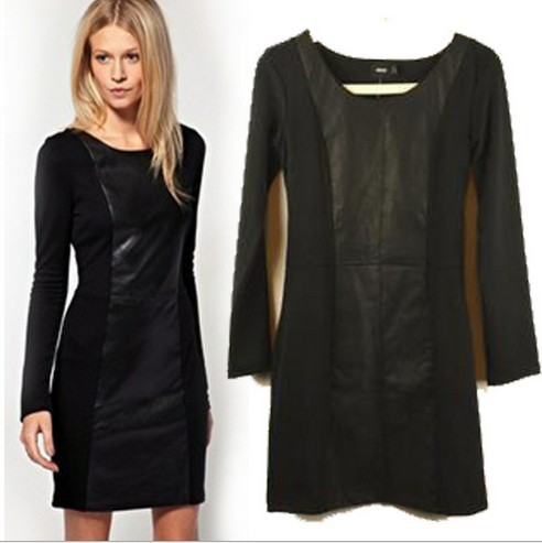 Free Shipping Women PU Leather Stitching Long Sleeve Retro Mini Dress! 2012 New Fashion For Wholesale And Retail