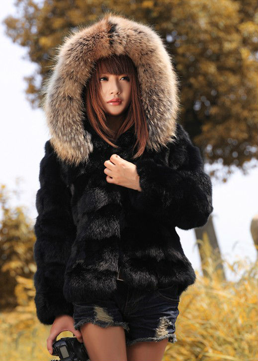 Free shipping women rabbit fur coat outwere short design  with hooded 3color