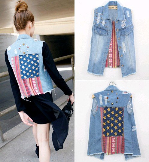 Free Shipping Women Retro star flag Post cloth washing denim vest jacket 9171 denim jacket coat vest women