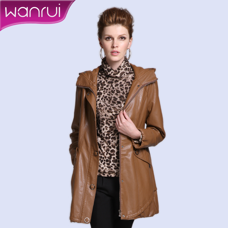 Free Shipping Women's 2012 autumn ol fashion with a hood slim thin long paragraph PU clothing outerwear female 187