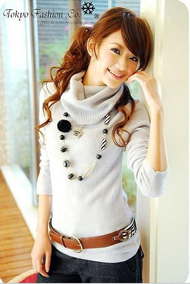 Free Shipping Women's 2012 Fashin Winter Big Ture-down Collar Pullover Knitted Sweater Black Pink Purple Red White Grey