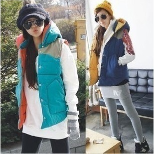 Free shipping Women's 2012 fashion color block decoration with a hood vest outerwear vest female