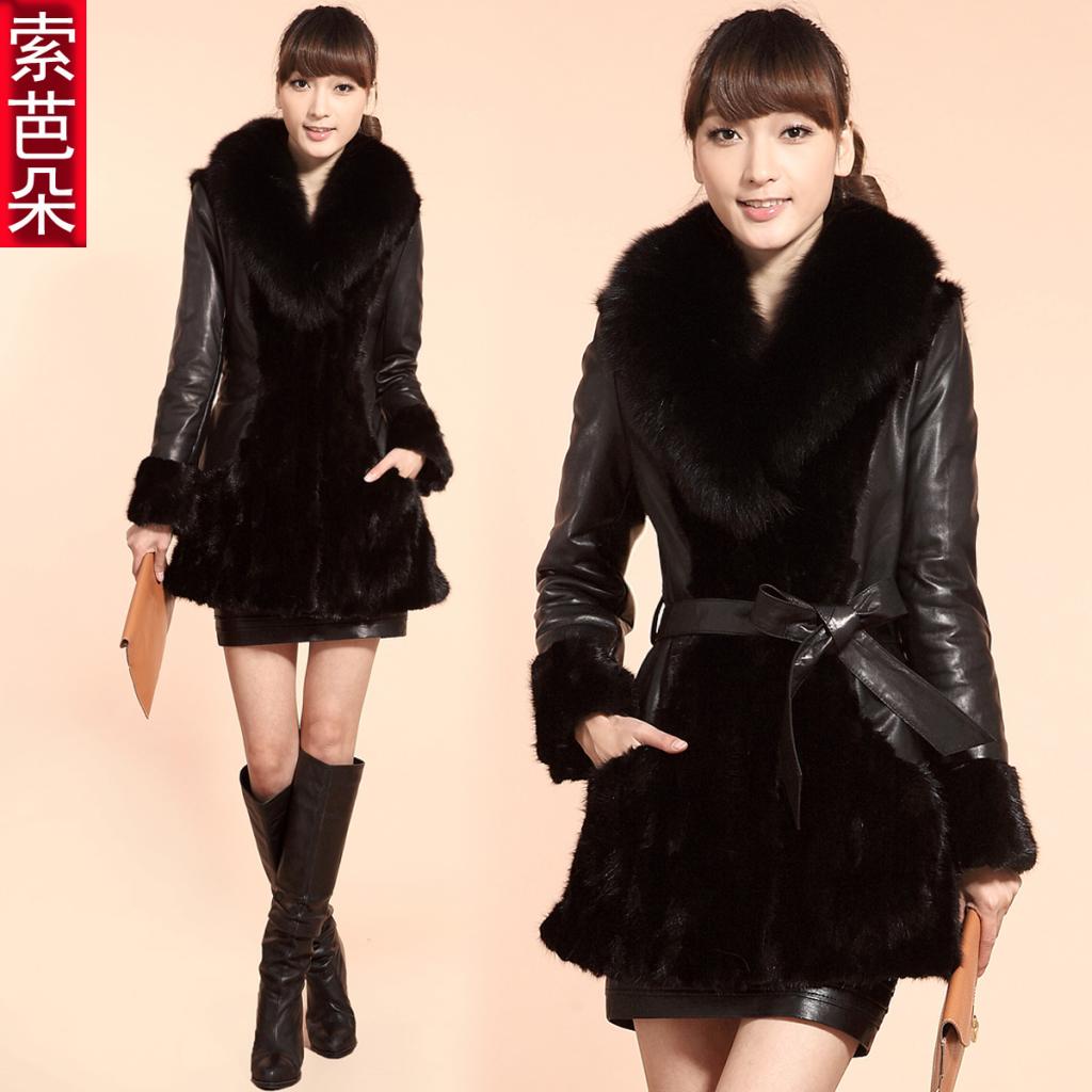 Free Shipping Women's 2012 winter overcoat leather clothing outerwear fox fur mink fur p18