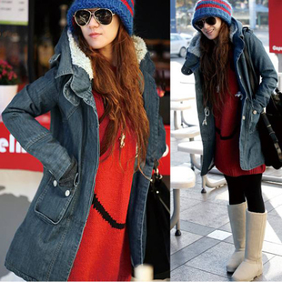 Free Shipping Women's 2013  long design thickening  denim  trench  Outerwear