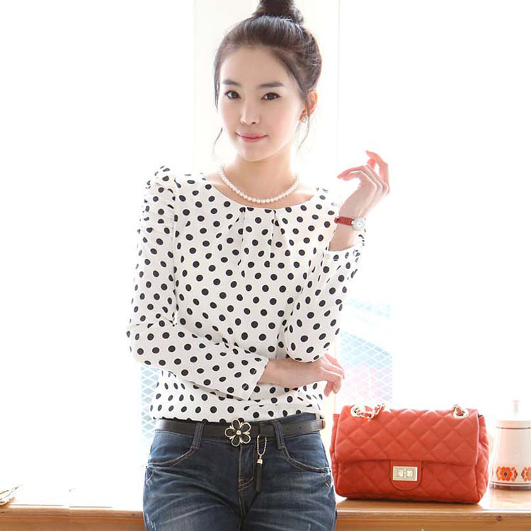 Free shipping women's 2013  long Sleeve Dot causul blouse, fashion Chiffon  shirts  Size :S M L XL XXL